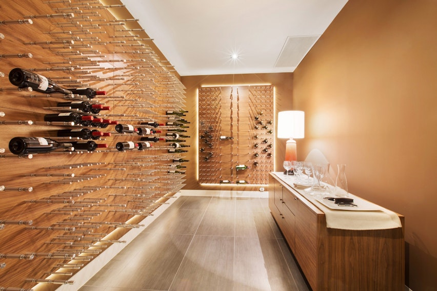 Modern Custom Wine Cellar with steel wine racks in Los Angeles California